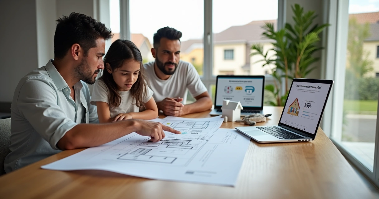 Família vendo projeto arquitetônico com arquiteto e planejando financiamento na Caixa 