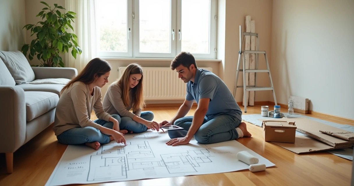 Família analisando planta de reforma em sala parcialmente reformada 