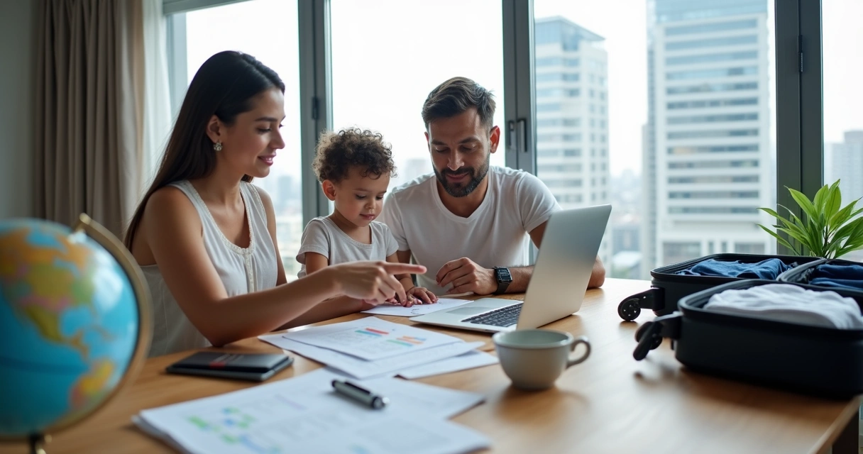 Família brasileira planejando relocation internacional com mala passaporte e notebook 
