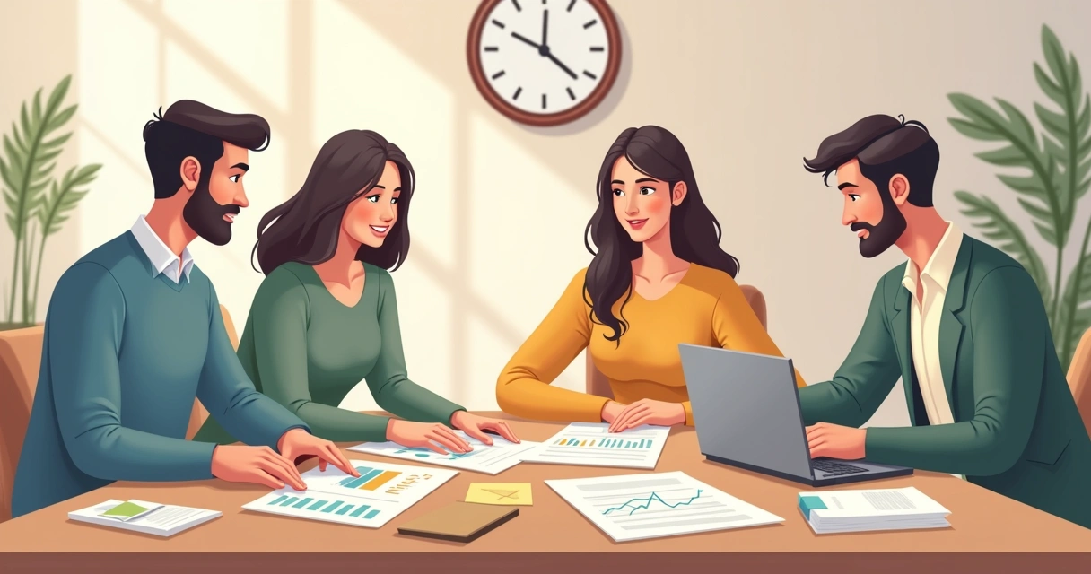 Família planejando investimentos em casa com papéis e computador 