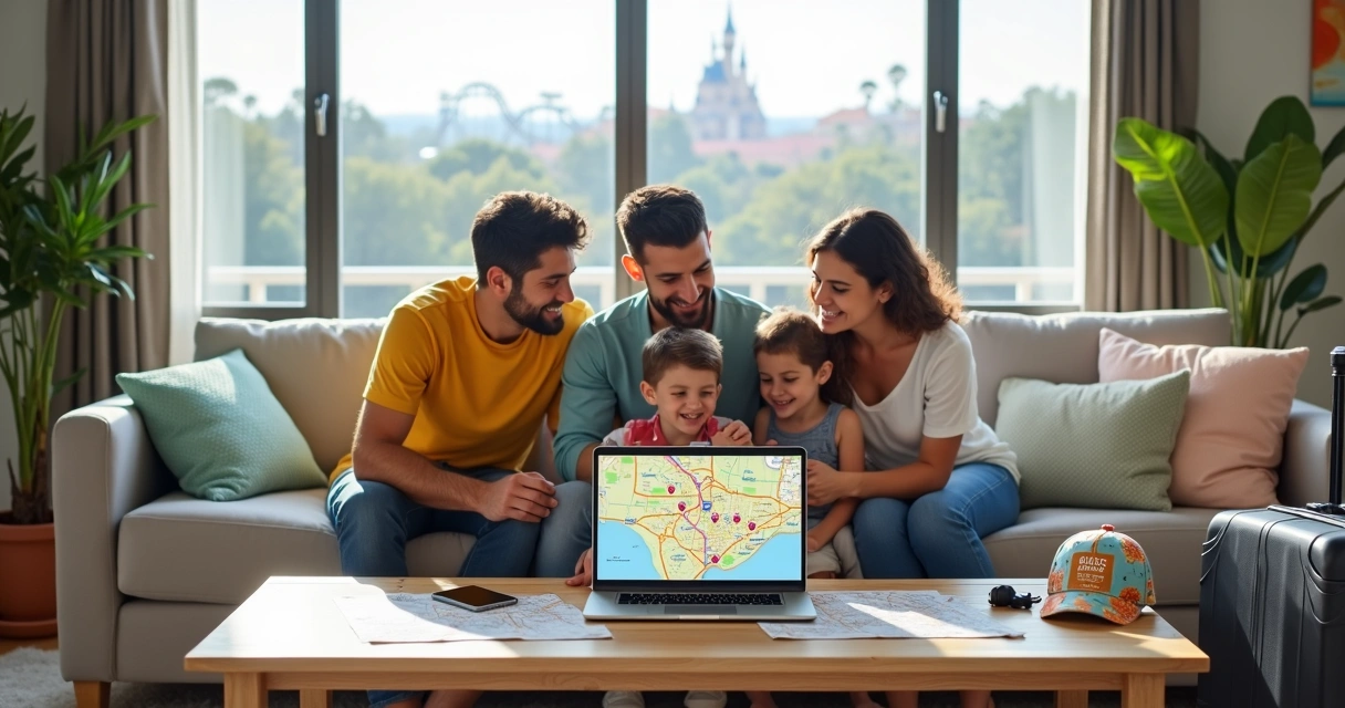 Família brasileira planejando roteiro de parques em casa alugada em Orlando 