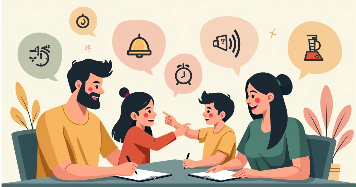 Família planejando rotina sensorial com imagens representando sons do cotidiano 