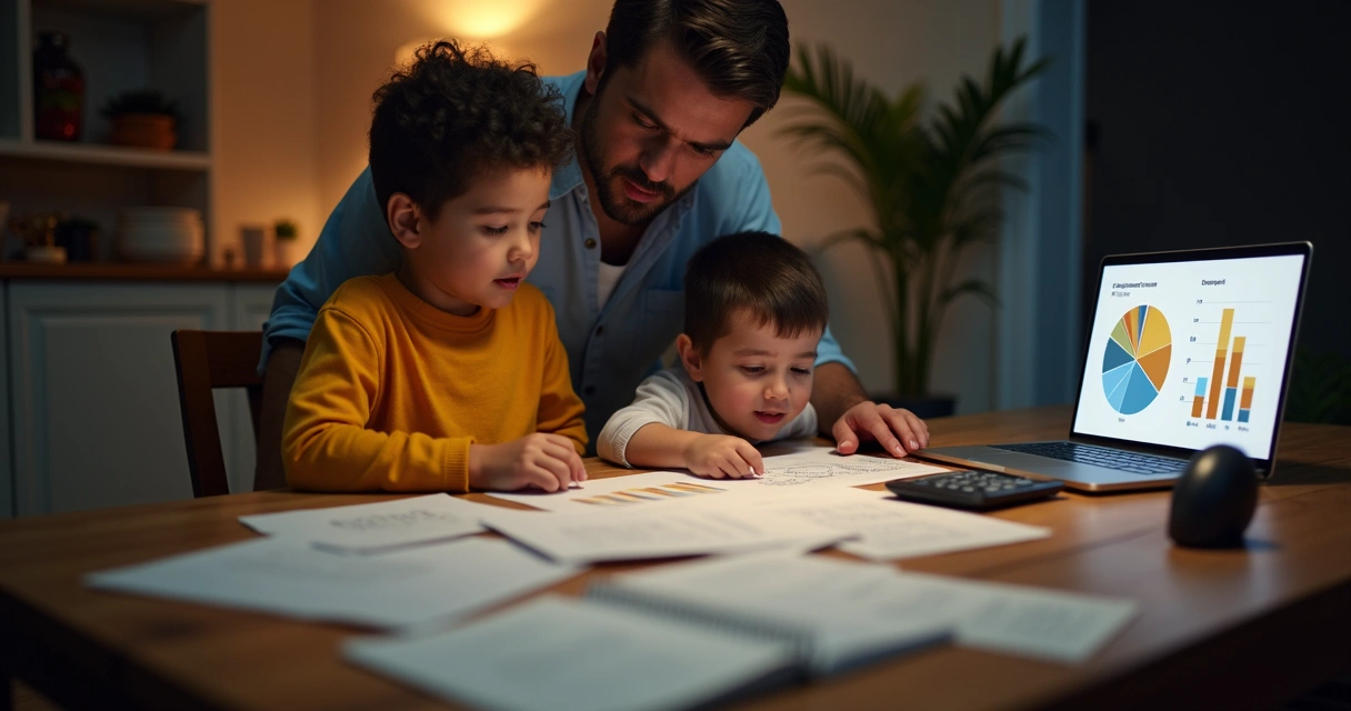 Família sentada analisando finanças
