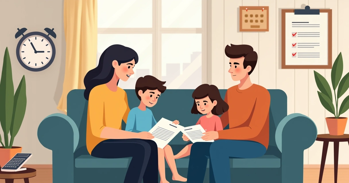 Família sentada em sofá analisando documentos de seguro 