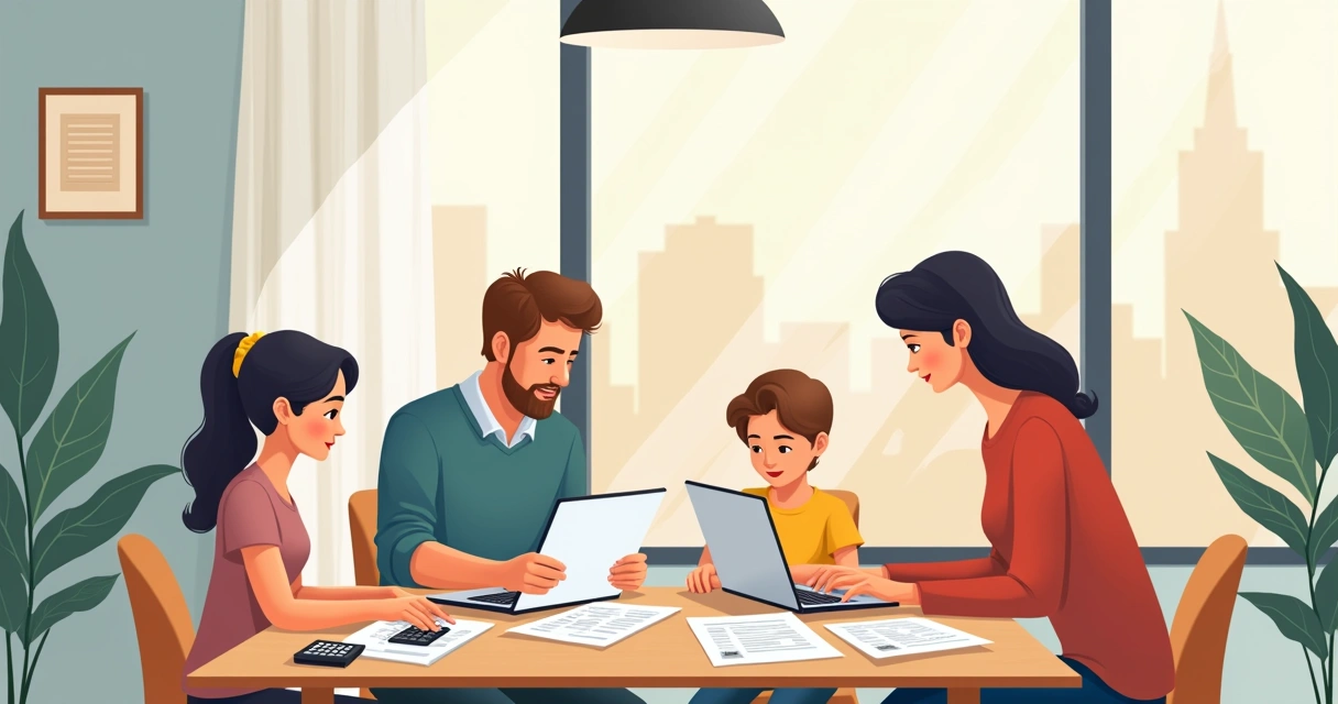Família sentada à mesa analisando contratos e planilhas de seguro 