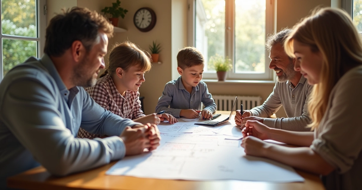 Família reunida planejando organização da semana 