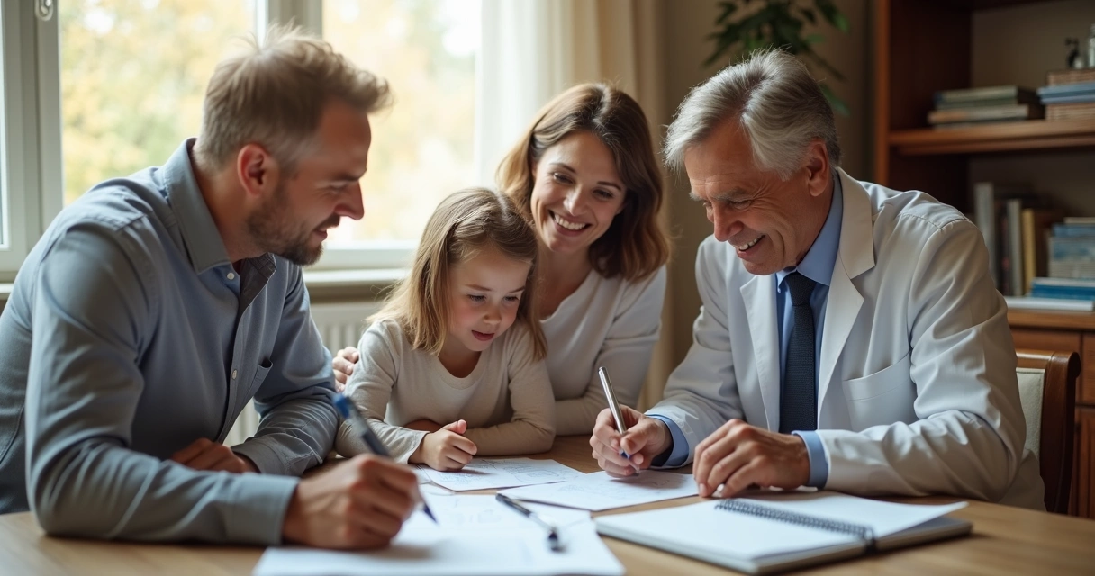 Família reunida revisando documentos e discutindo planejamento sucessório à mesa 