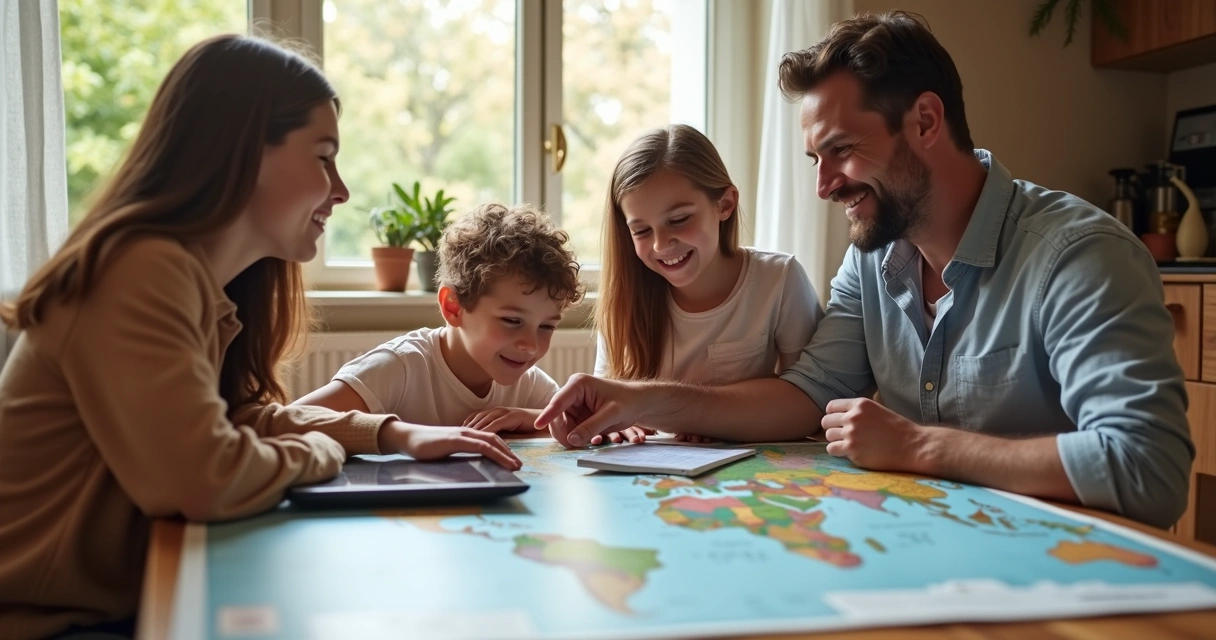 Família sentada à mesa olhando mapas e tablets 