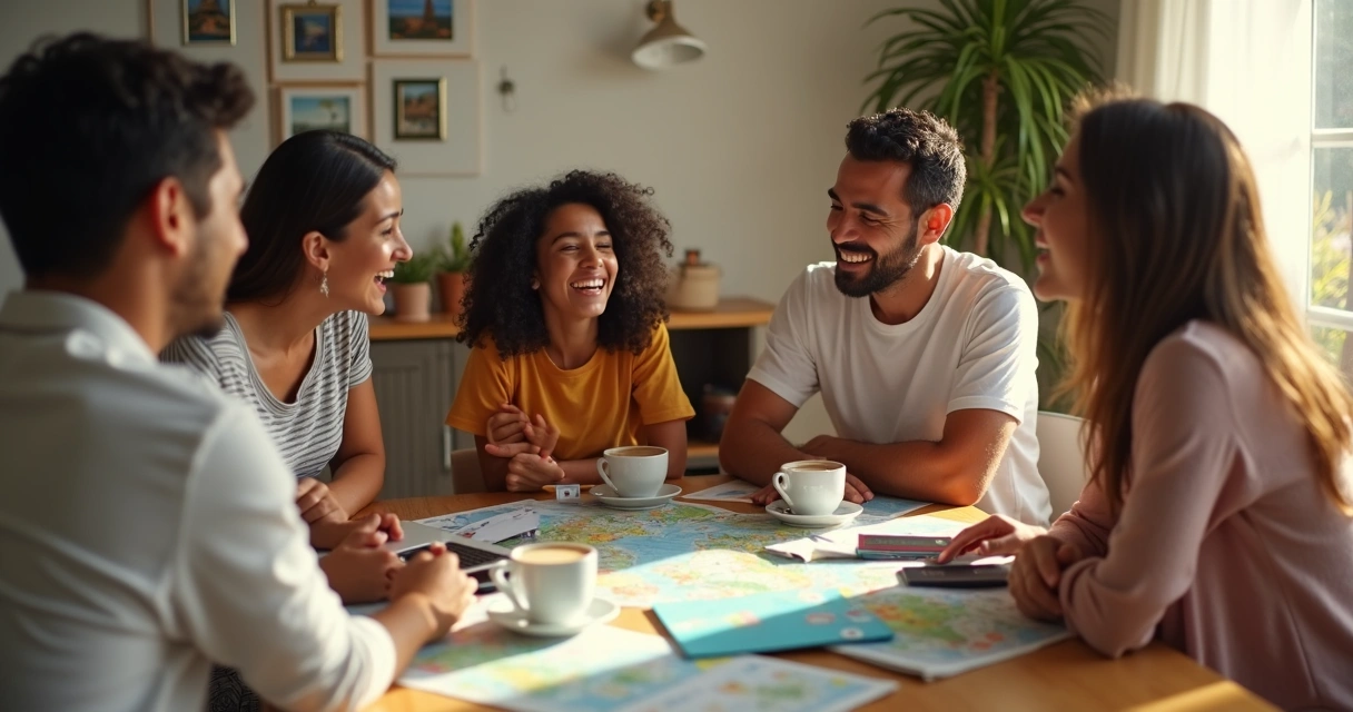 Família reunida planejando viagem em uma mesa. 