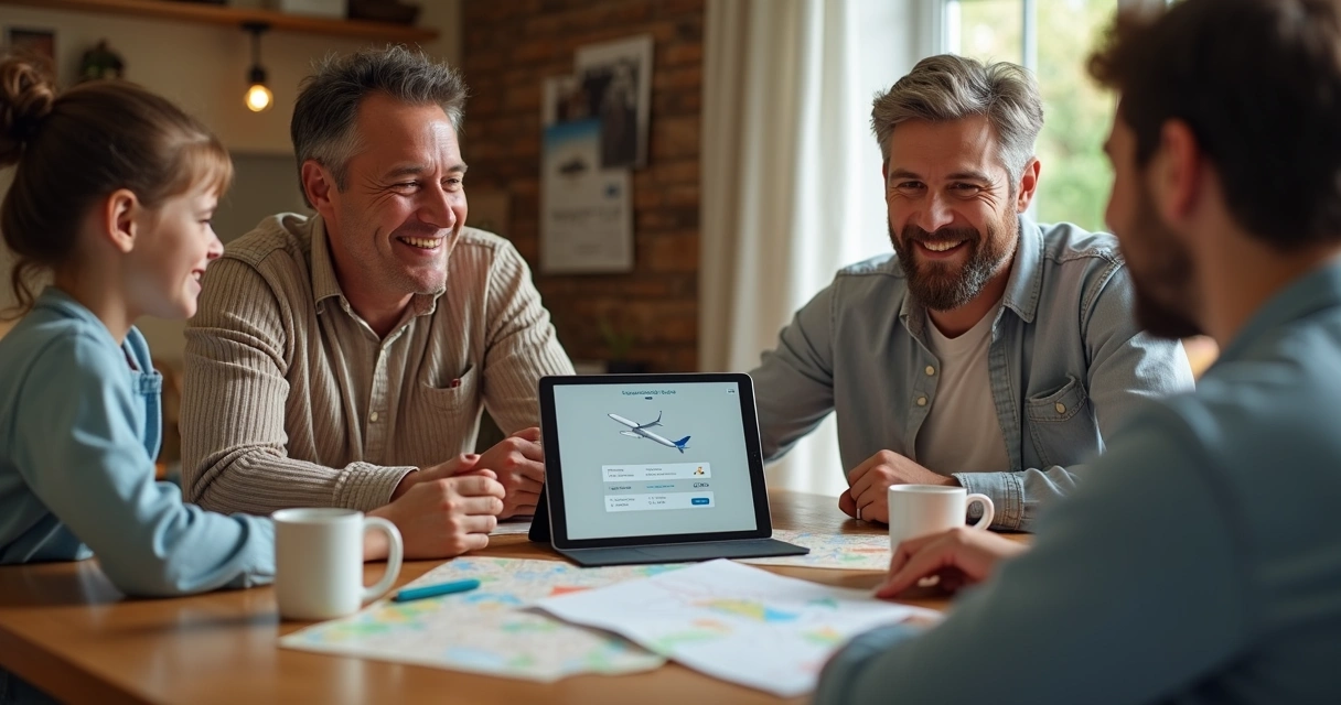 Família sentada em mesa de jantar planejando viagem com tablet e mapas 