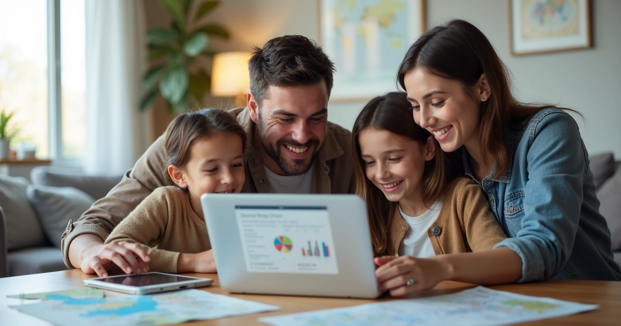 Família reunida planejando viagem com computador e gráficos digitais