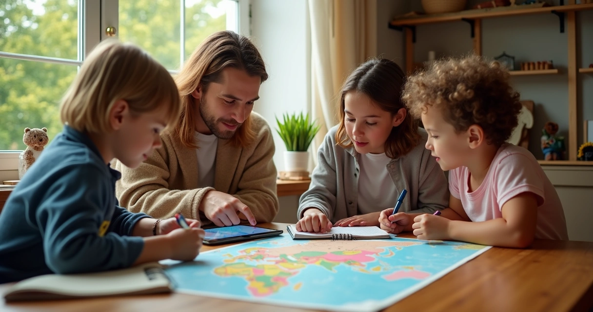 Família reunida em uma mesa com mapas e cadernos planejando roteiro de viagem personalizado 