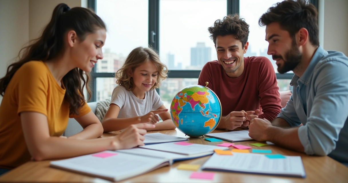Família reunida planejando viagem internacional