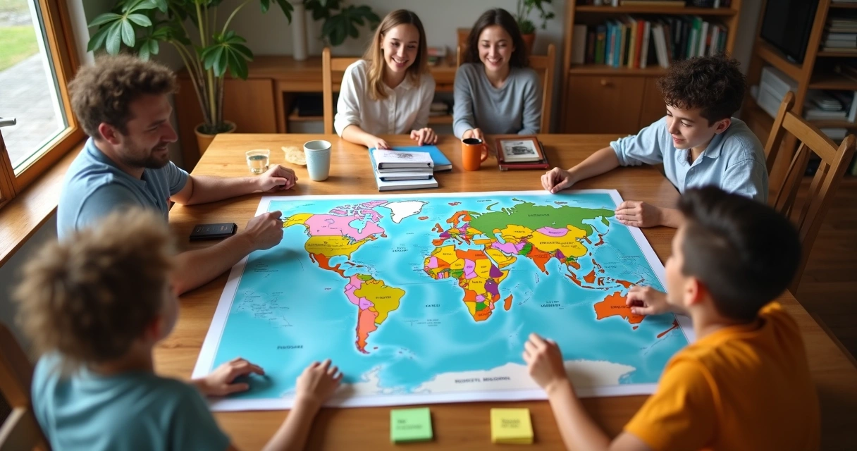 Família olhando mapa do mundo juntos em uma mesa 