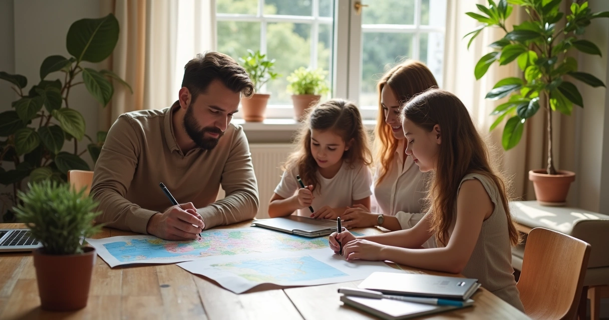 Família reunida em casa planejando viagem durante férias escolares com mapas e laptop sobre a mesa 