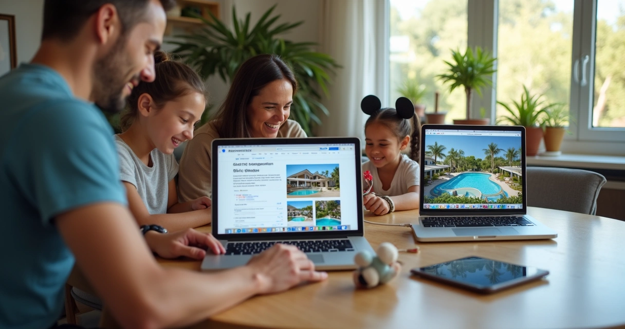 Família brasileira planejando viagem a Orlando comparando sites de aluguel de casas no notebook 