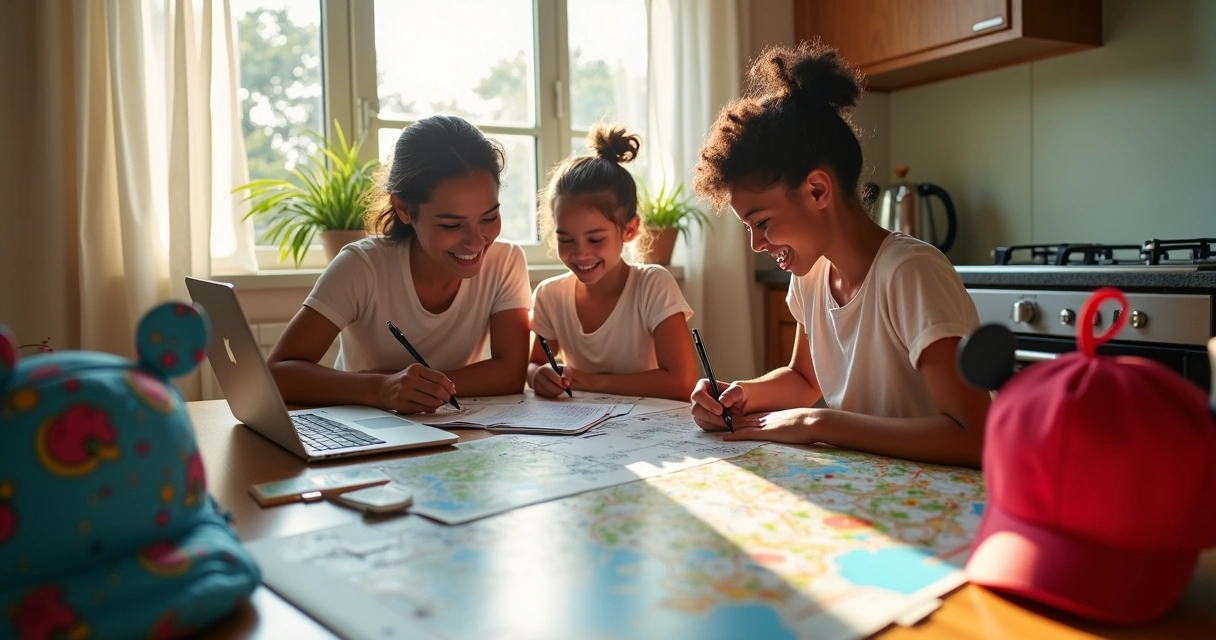Família feliz organizando viagem com mapas e laptop na mesa 