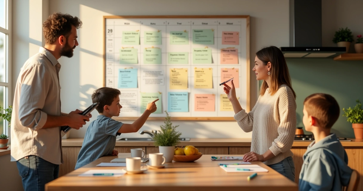 Familia organizada revisando un calendario semanal en la cocina 