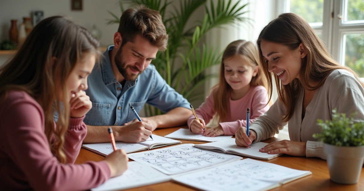 Planilha de numerologia sendo preenchida por família reunida 