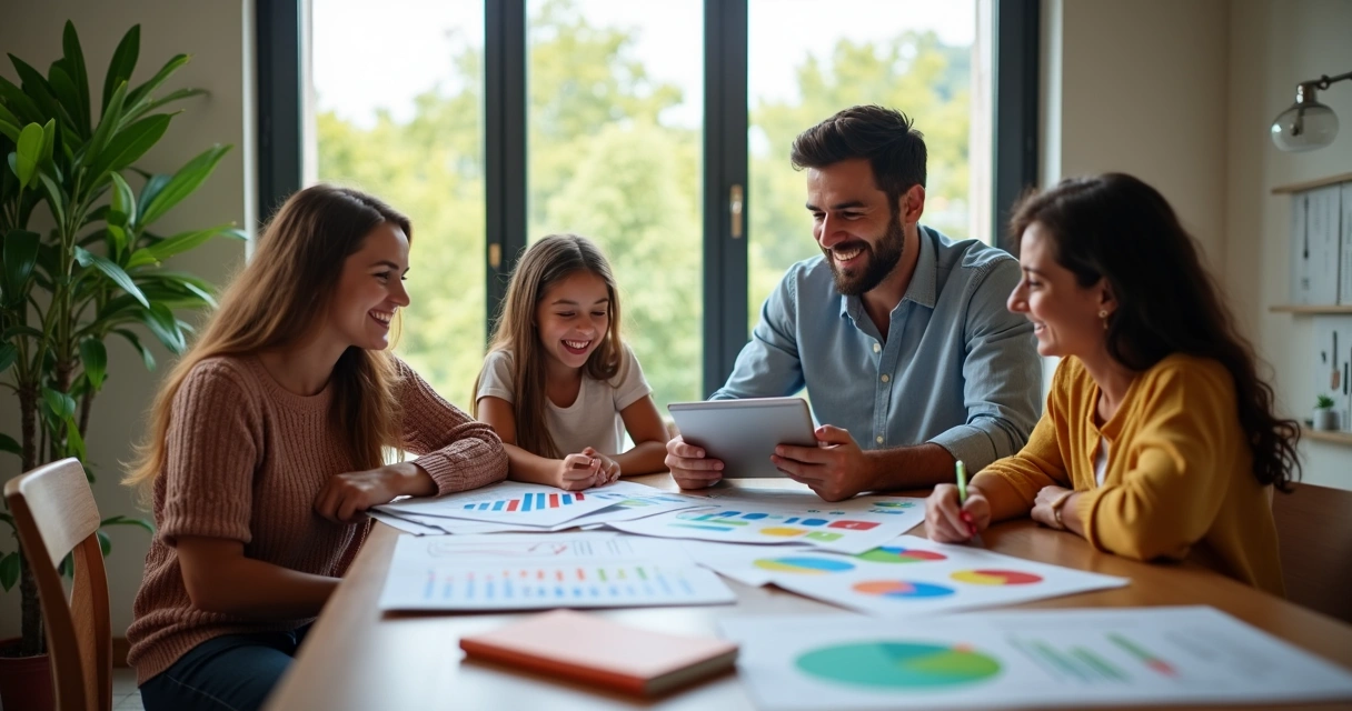 Família reunida com consultor financeiro revisando um plano em papel 