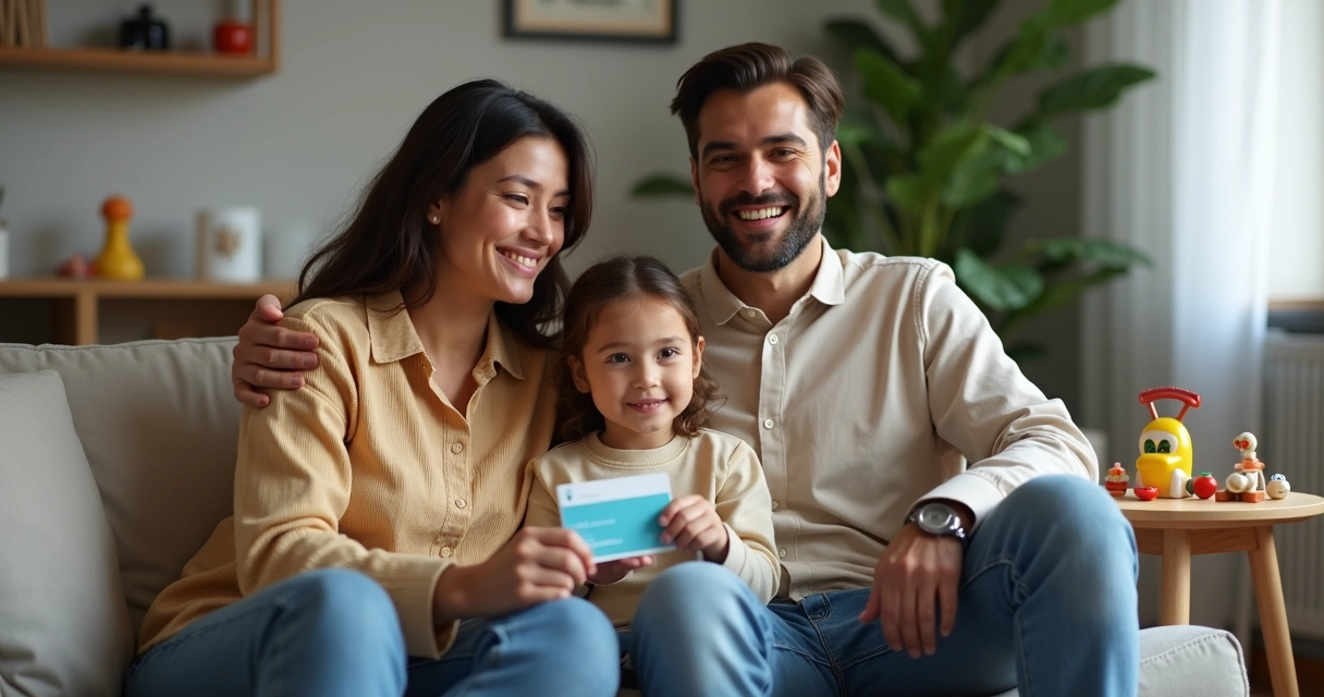 Família feliz com criança segurando cartão de plano de saúde 