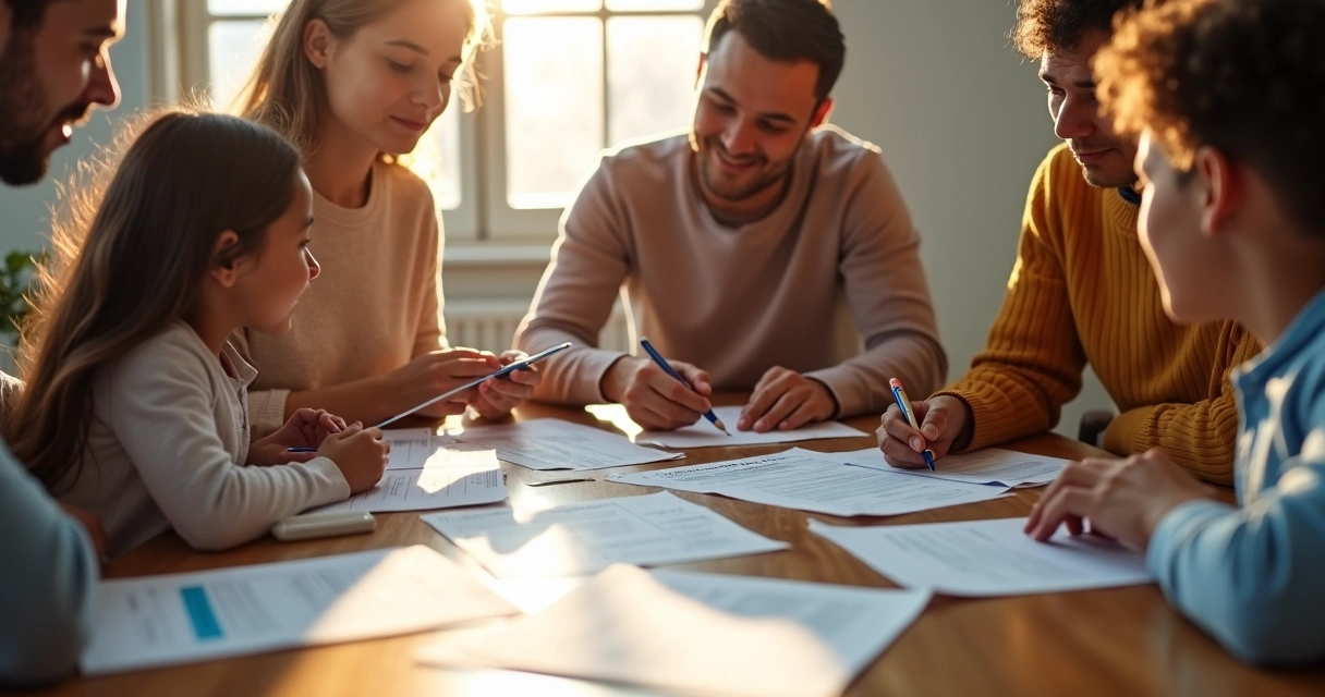 Família preenchendo formulários para plano de saúde