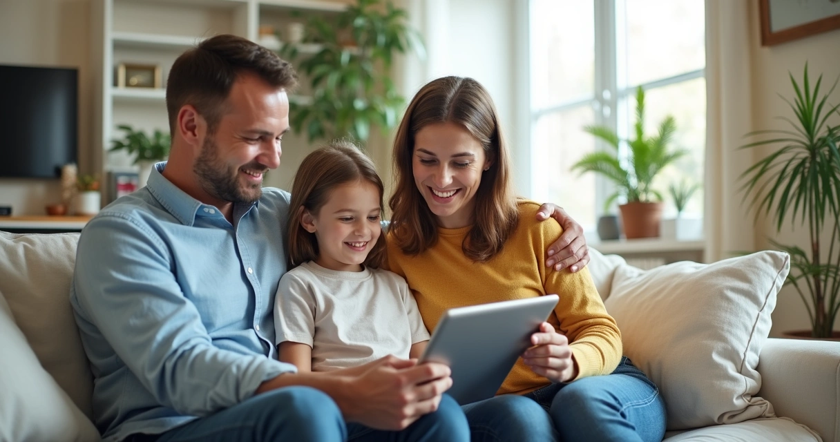Família feliz reunida no sofá apreciando plano de saúde 