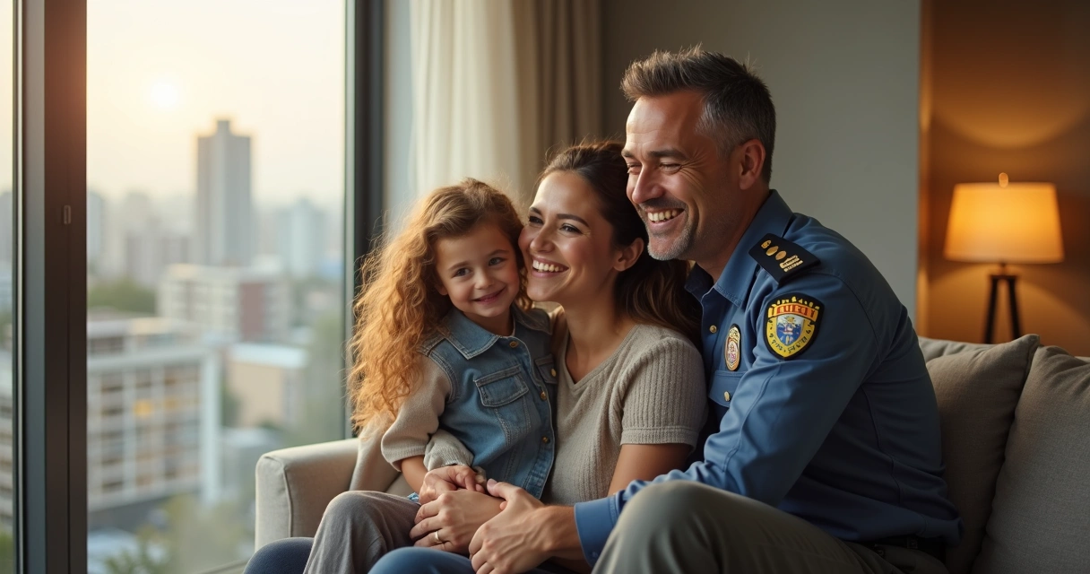 Família de policial civil em casa no Paraná sorrindo 