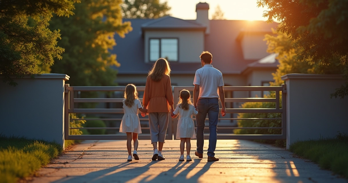 Família segura ao lado de portão eletrônico fechado