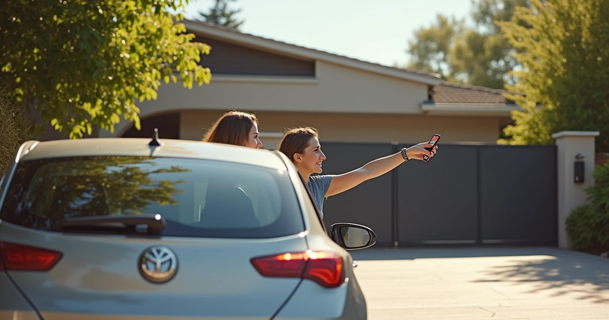 Família chegando de carro e portão automático de garagem abrindo.