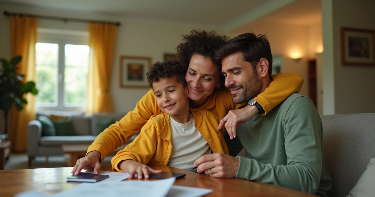 Família reunida abraçada em casa moderna em Portugal 