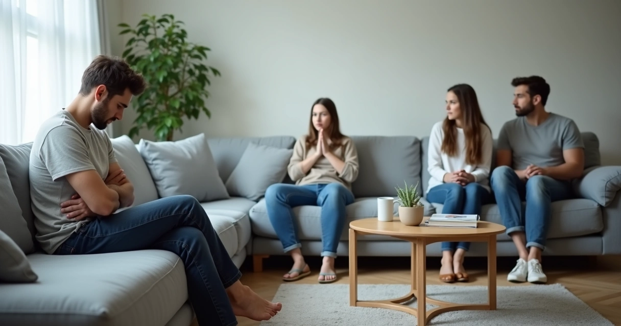 Família sentada no sofá com uma pessoa isolada assumindo postura de vítima 