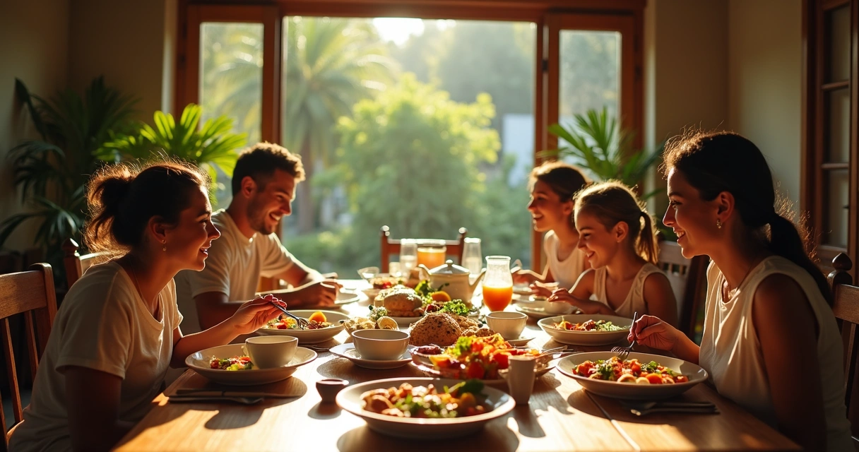 Família tomando café da manhã em pousada 