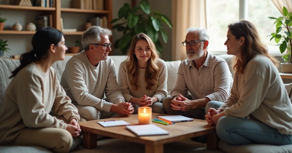 Familia sentada en círculo practicando valores juntos 