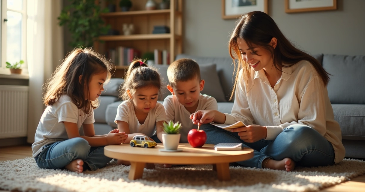 Familia sentada en círculo observando objetos en el salón 