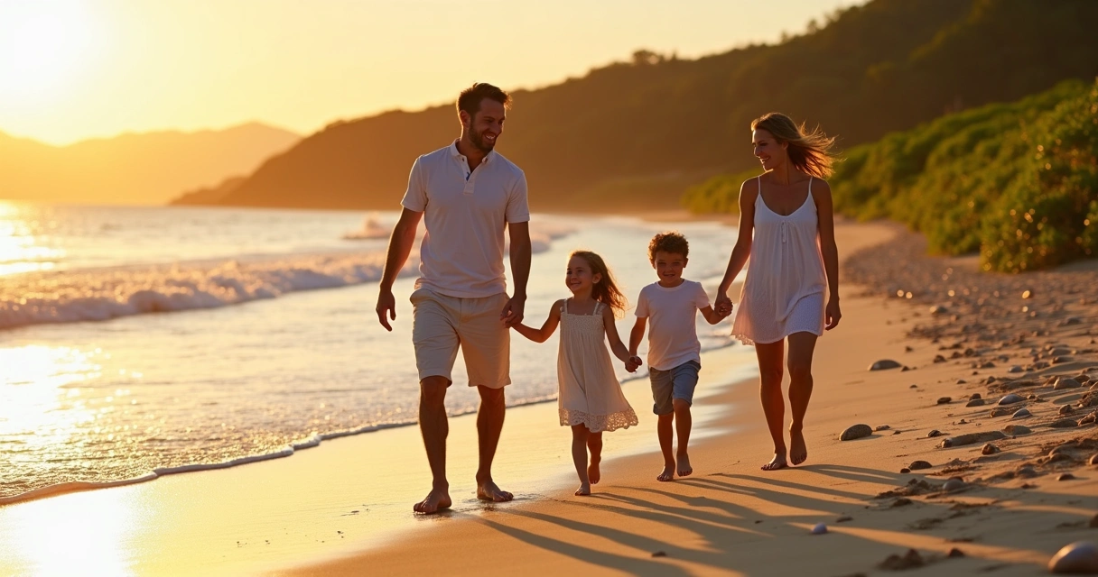 Família feliz caminhando na praia ao pôr do sol 