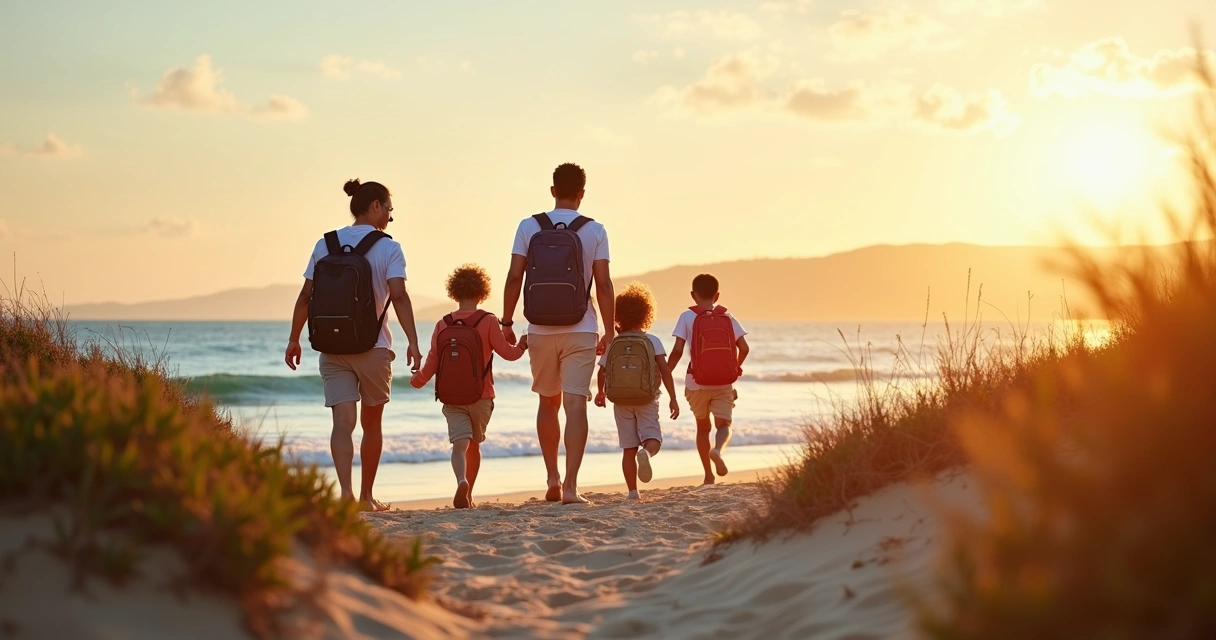 Família caminhando na praia australiana com crianças e mochilas 