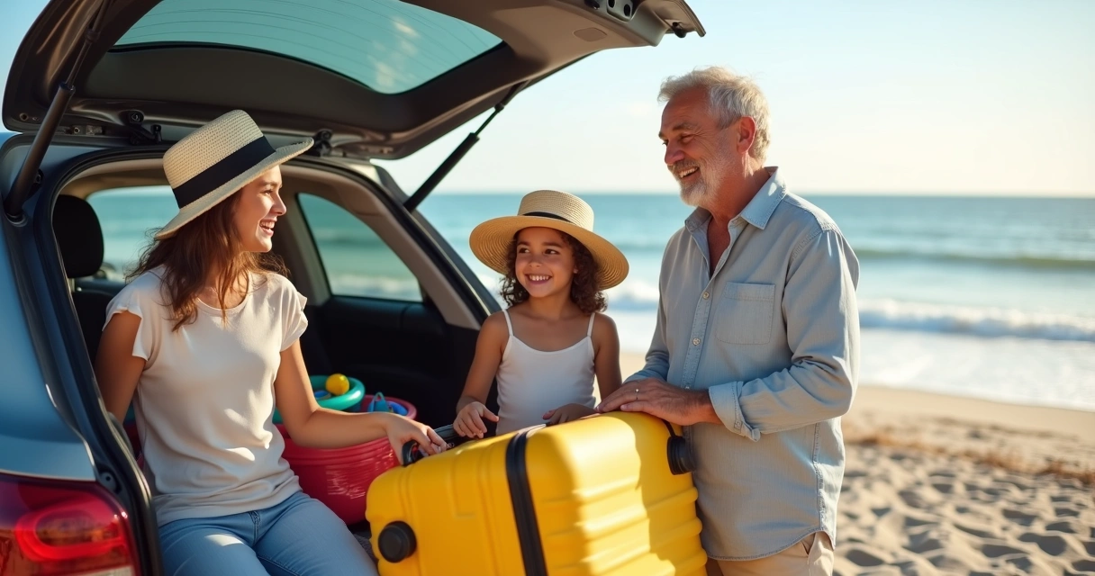 Família organizando bagagem para viagem em praia 
