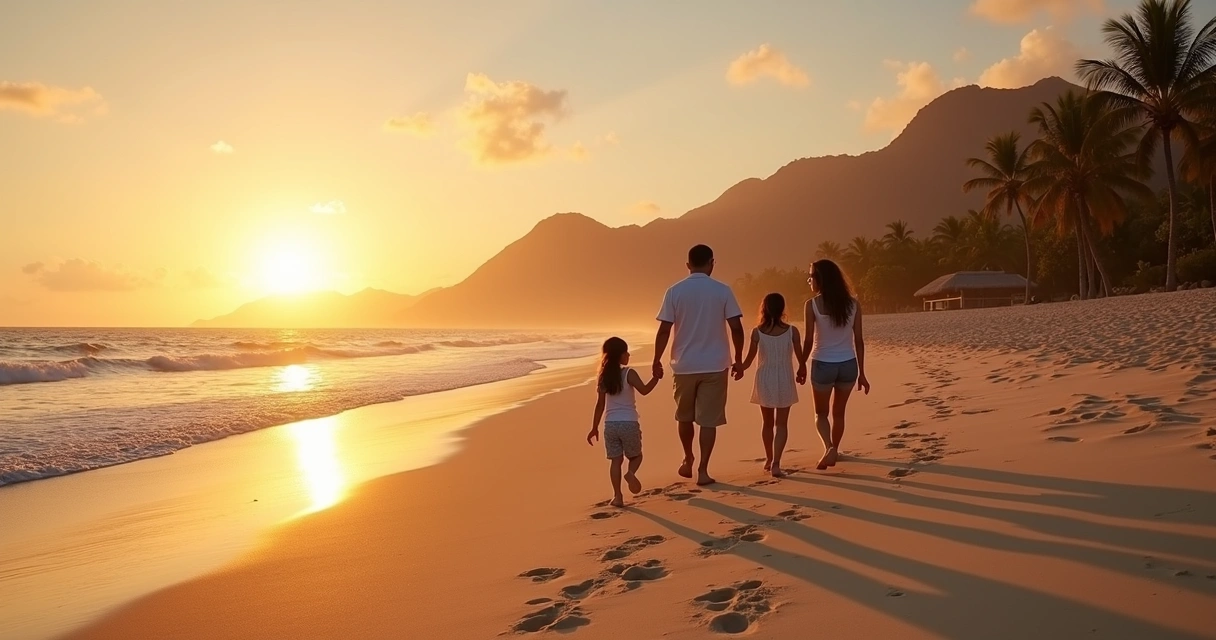 Família caminhando em praia do litoral brasileiro ao pôr do sol 