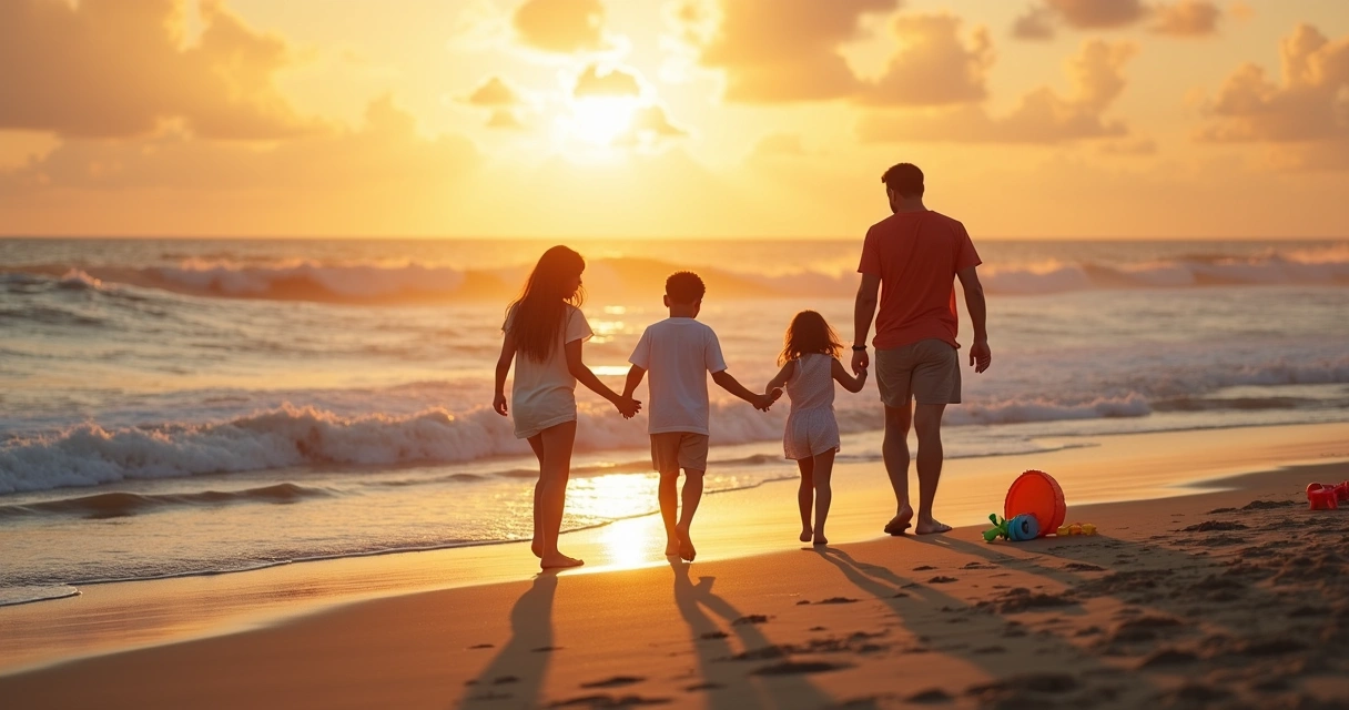Família brincando na praia ao pôr do sol, pais e filhos caminhando na areia 