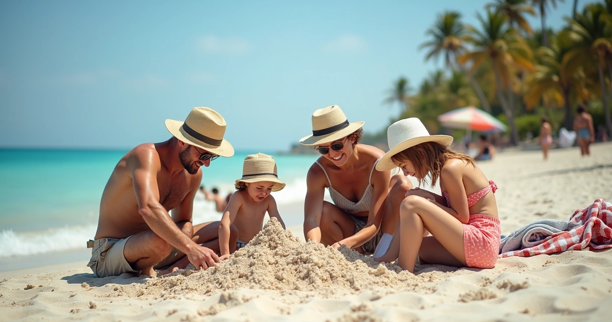 Família brincando junta em uma praia de areia ampla, crianças construindo castelo de areia 