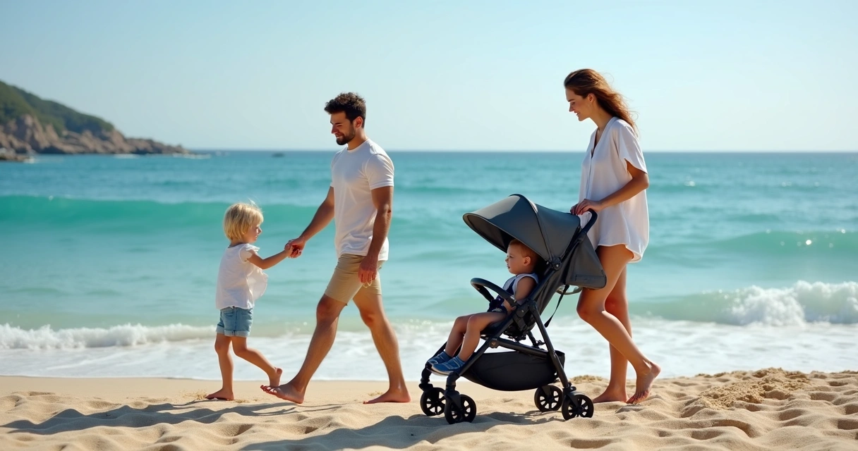Família na praia com carrinho de bebê equipado com capota UV 