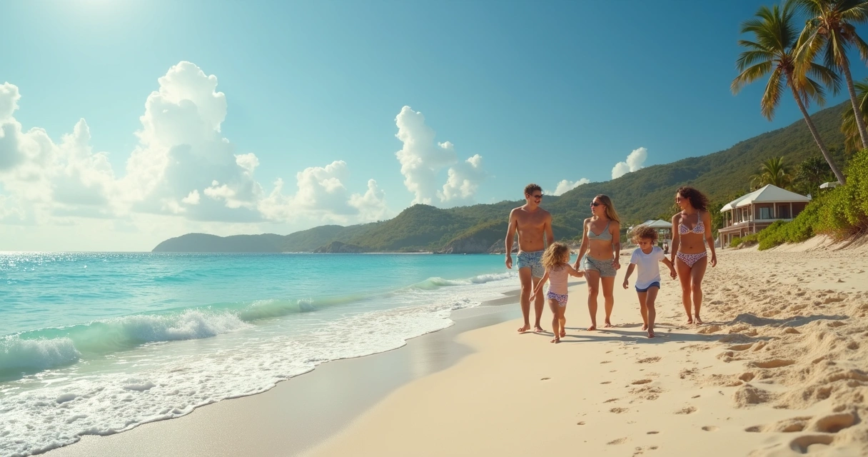 Família caminhando à beira-mar durante o feriado, com crianças brincando na areia 