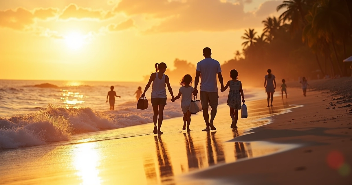 Família caminhando de mãos dadas na praia ao pôr do sol 