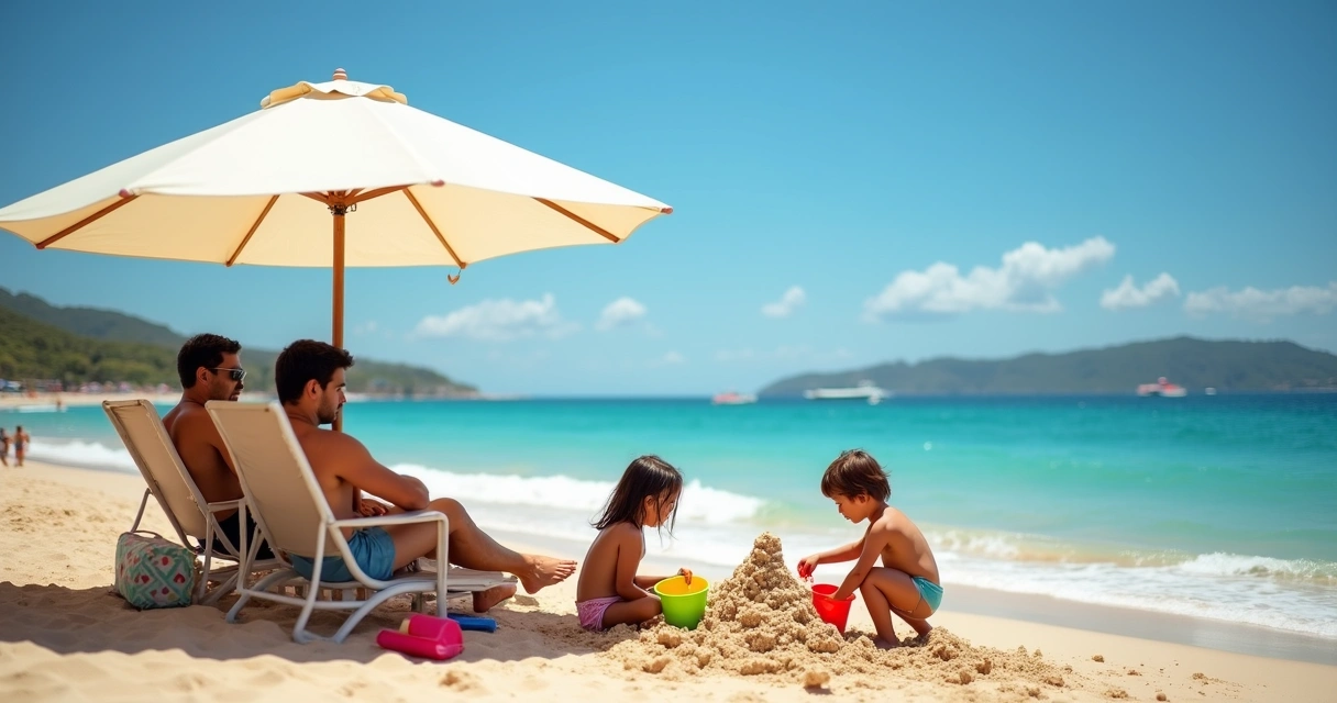 Família com crianças brincando na areia em praia de Jurerê em dia ensolarado 