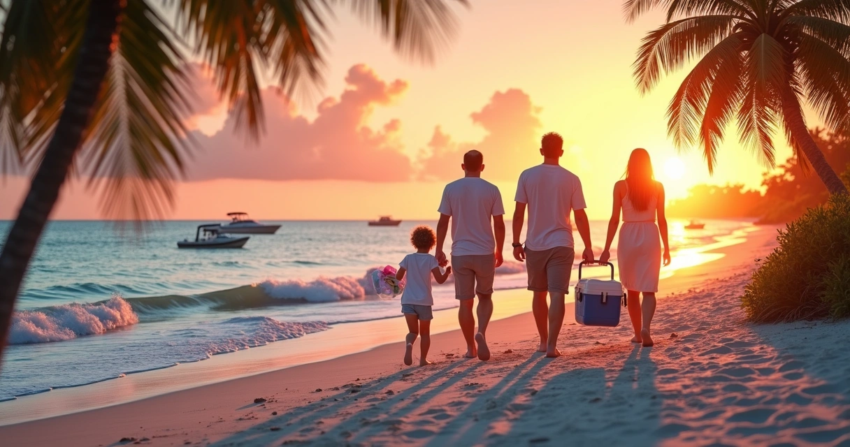 Família caminhando na areia branca e fina de Cocoa Beach ao pôr do sol, com mar calmo e céu laranja vibrante 