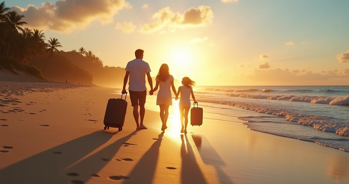 Família andando na praia ao pôr do sol 