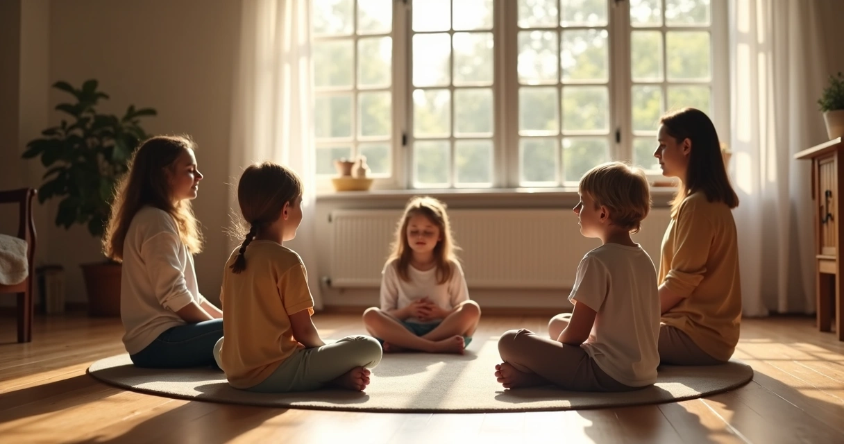 Família sentada em círculo praticando mindfulness no chão da sala. 