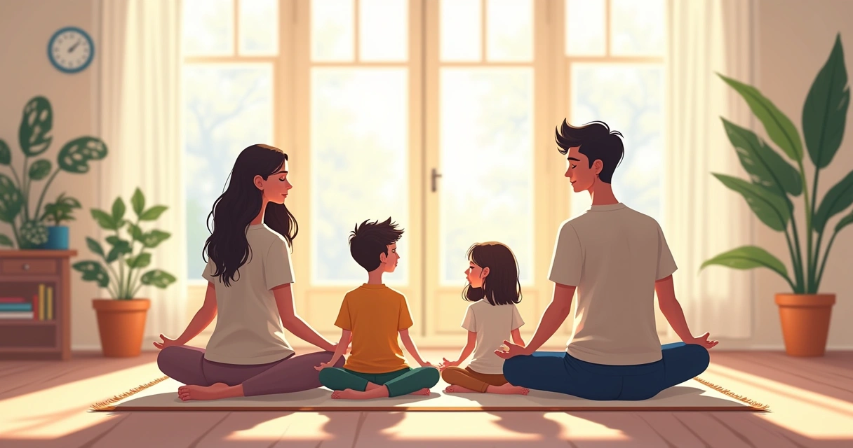 Família reunida no tapete praticando mindfulness juntos 