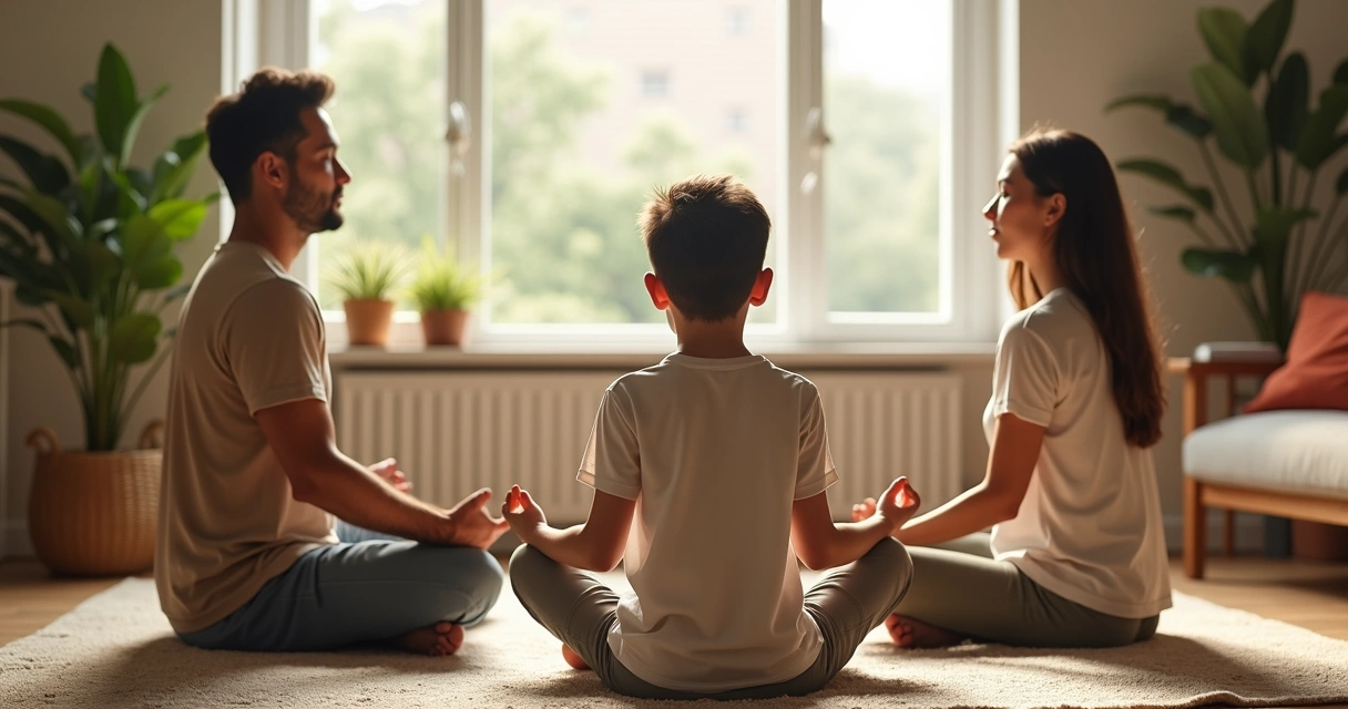 Três pessoas de uma família sentadas em círculo meditando 